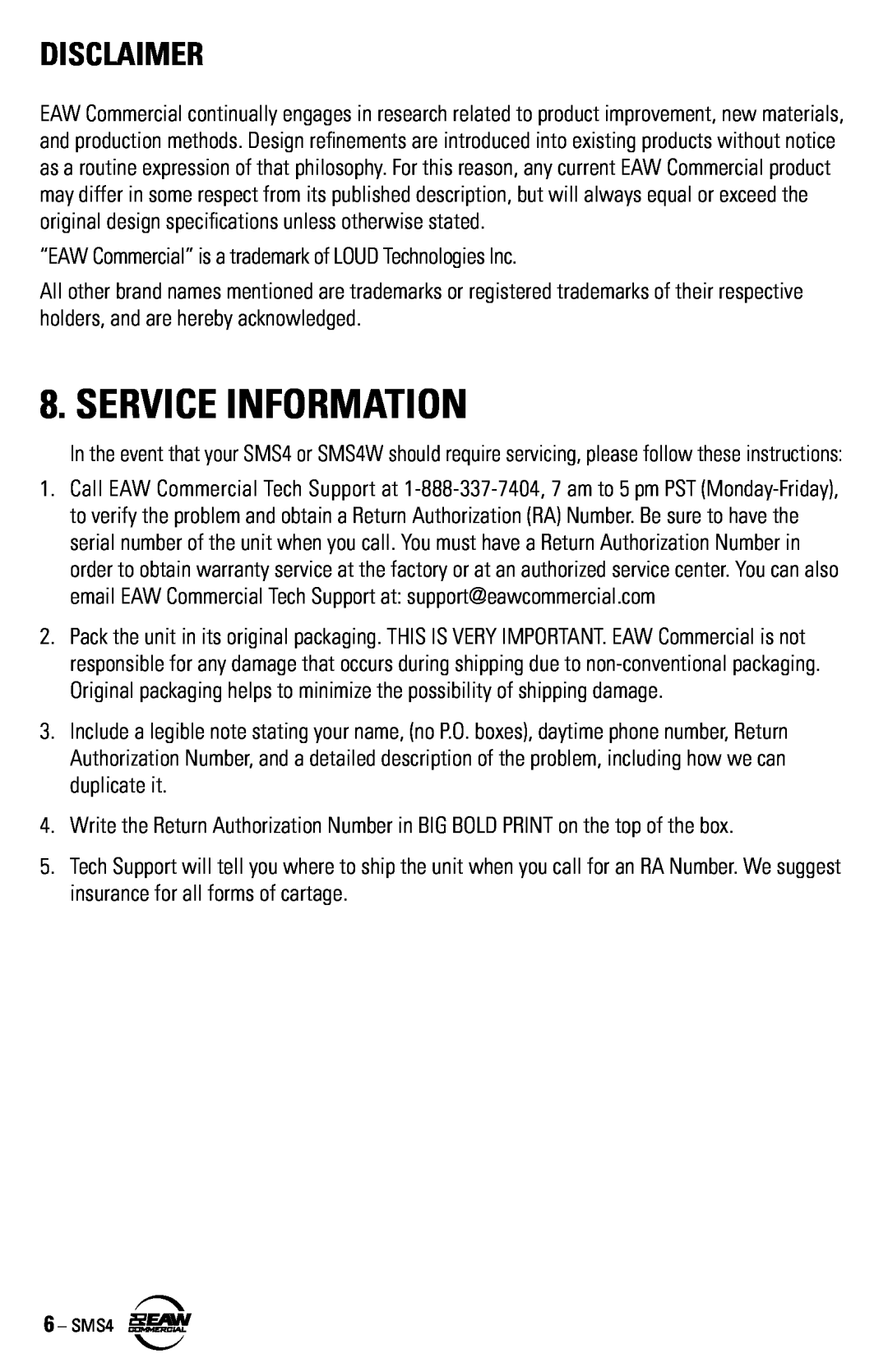 EAW SMS4 instruction manual Service Information, Disclaimer 