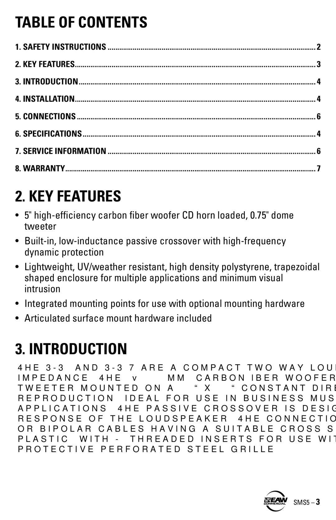 EAW SMS5 instruction manual Table of Contents, KEY Features, Introduction 