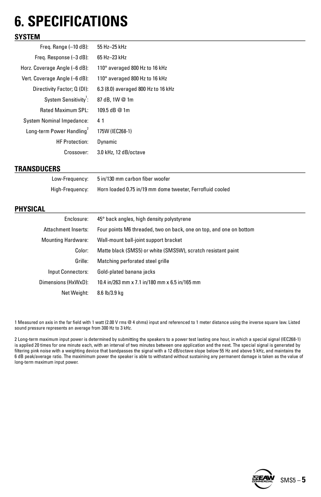 EAW SMS5 instruction manual Specifications, System 