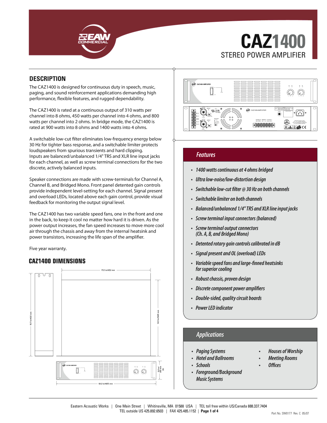 EAW SW0177 warranty Description, CAZ1400 is designed for continuous duty in speech, music, Five year warranty 