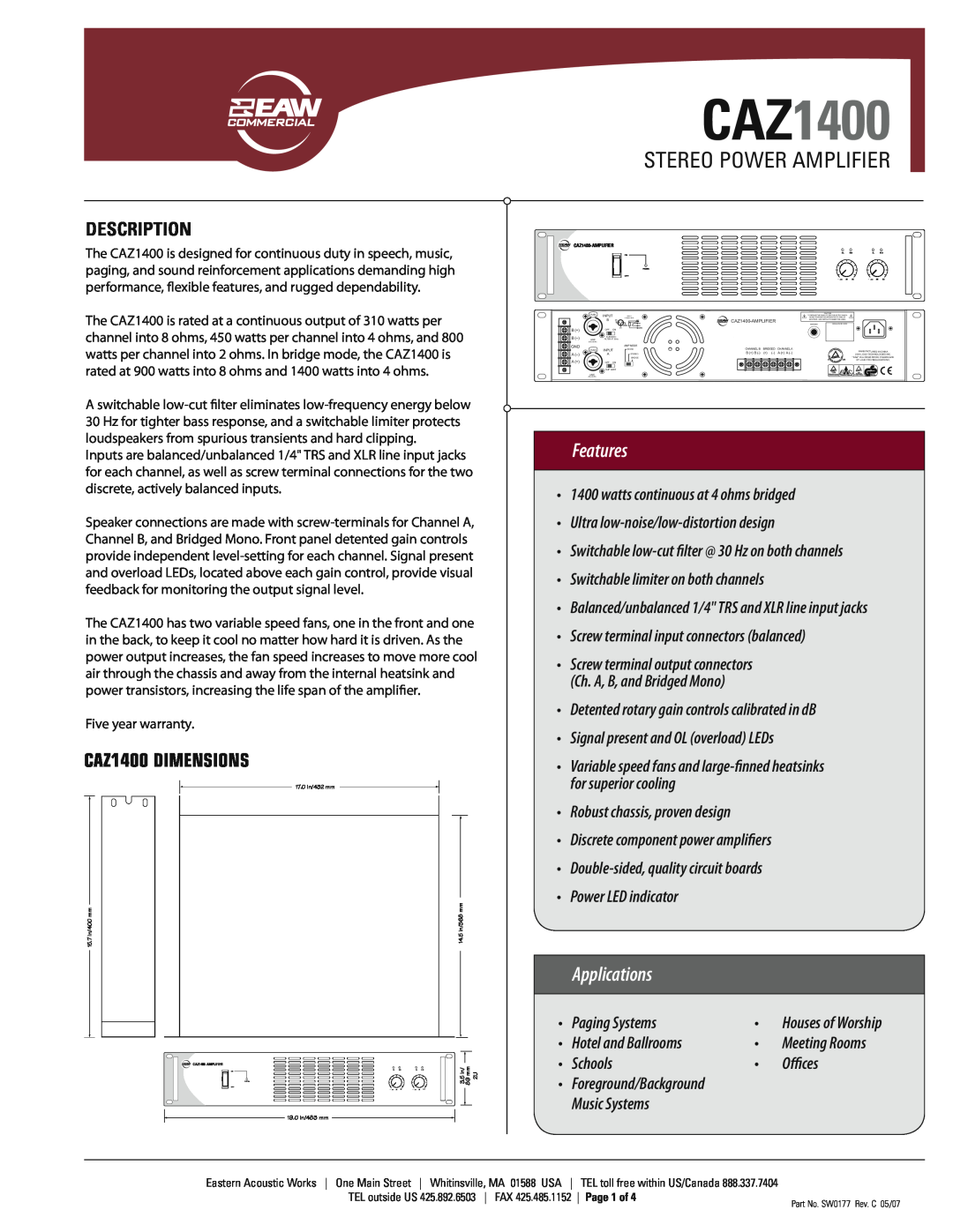 EAW SW0177 warranty Stereo Power Amplifier, Description, CAZ1400 Dimensions, Features, Applications 