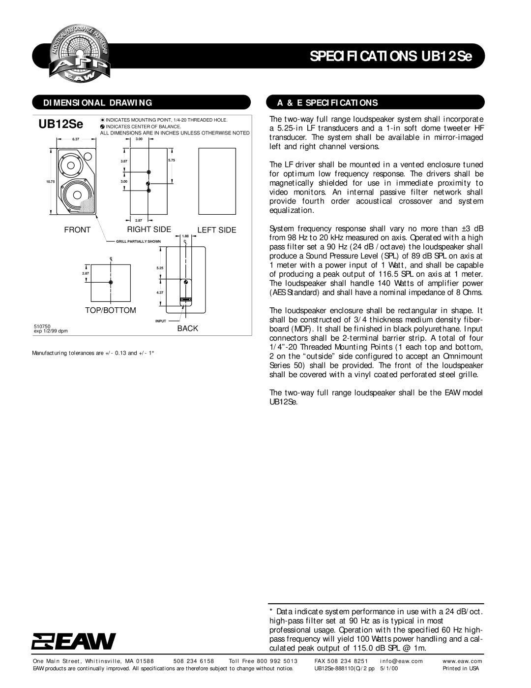 EAW UB12Se specifications Dimensional Drawing, Specifications 