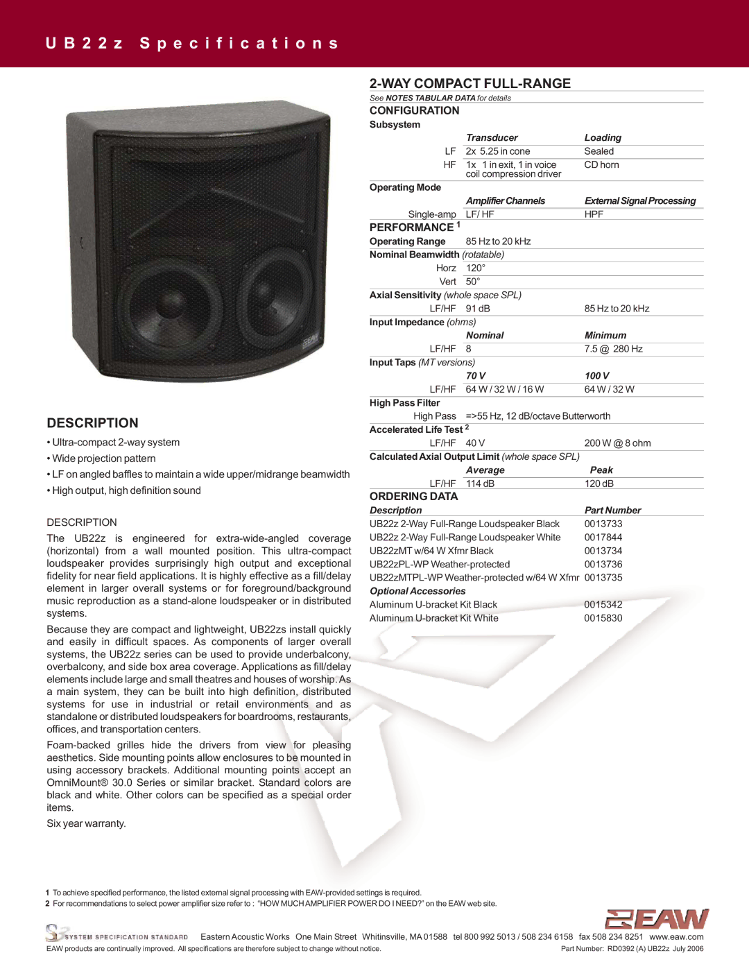 EAW UB22z specifications Description, WAY Compact FULL-RANGE 