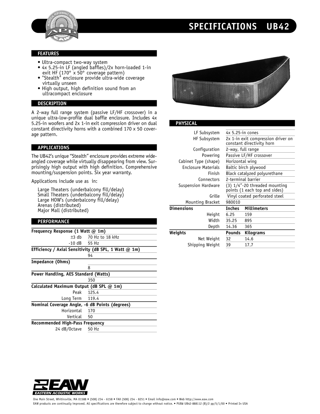 EAW specifications Specifications UB42 