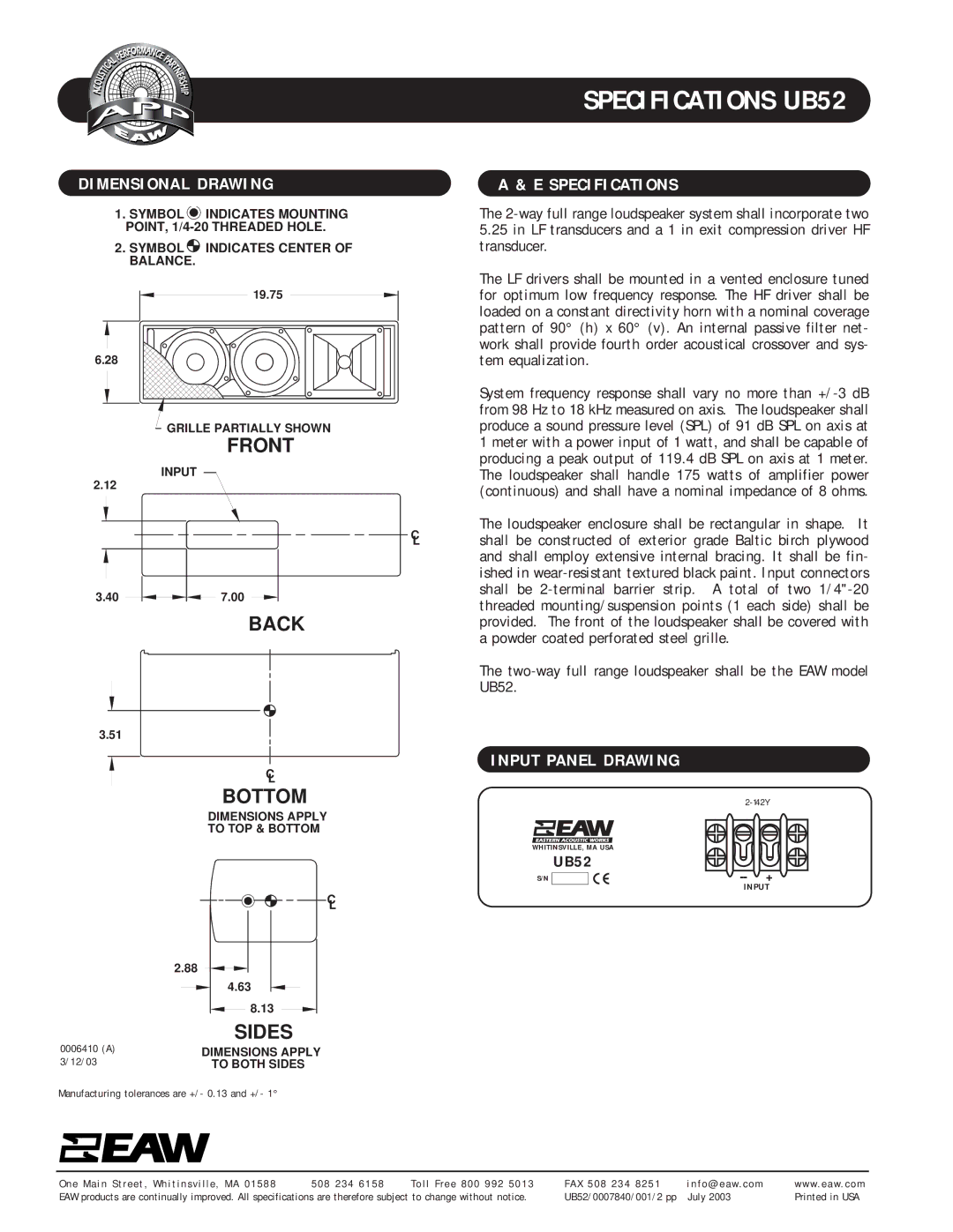 EAW UB52 specifications Dimensional Drawing, Specifications, Input Panel Drawing 