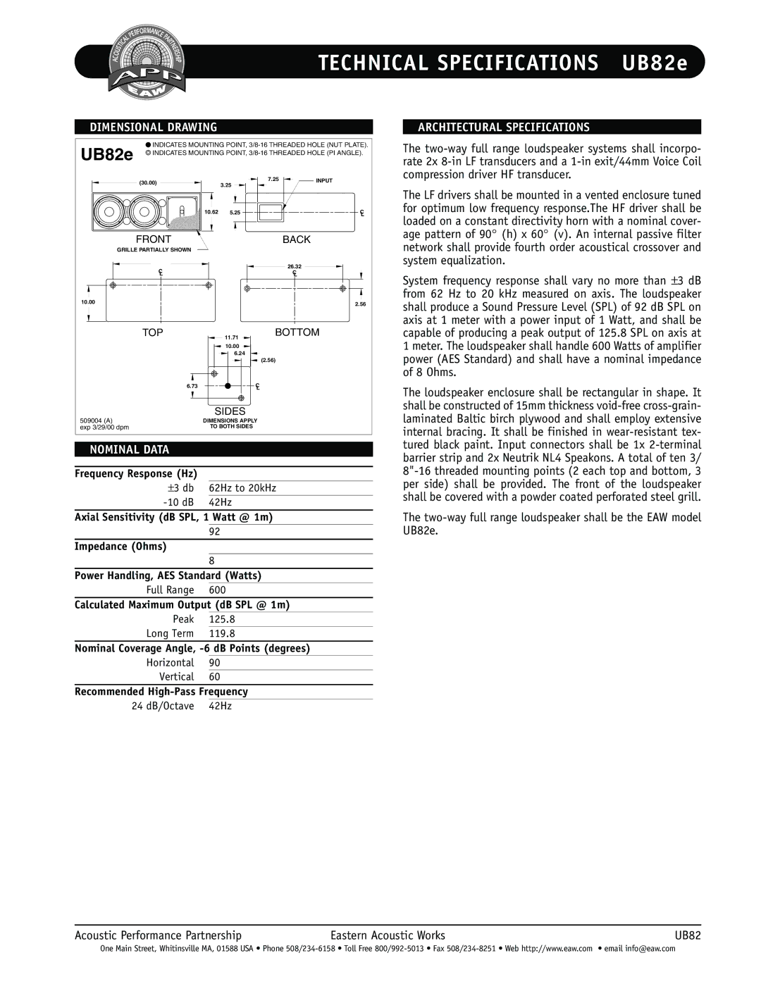 EAW UB82e specifications Dimensional Drawing, Nominal Data, Architectural Specifications 