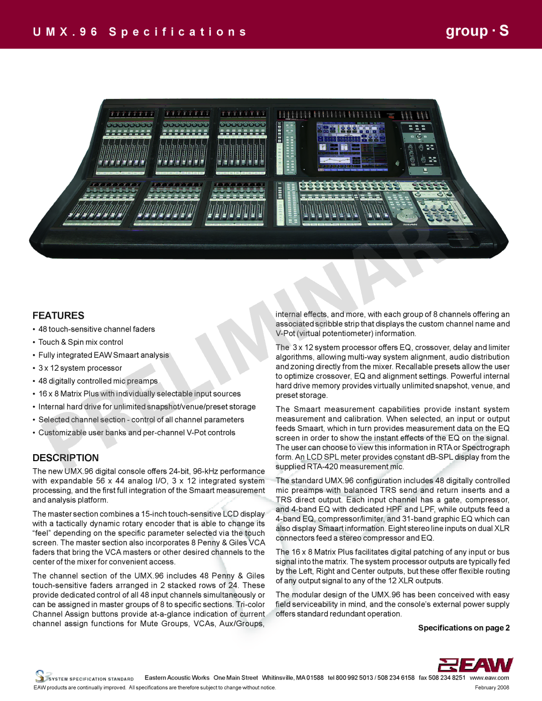 EAW UMX.96 specifications Features, Descri Tion 