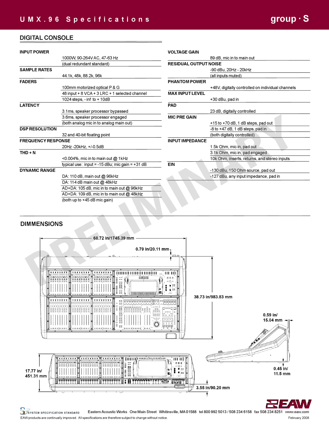 EAW UMX.96 specifications Digital Console, Dimmensions 