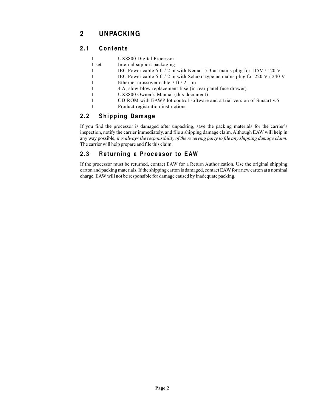 EAW UX8800 owner manual Unpacking, O n t e n t s, Shipping Damag e, Returning a Processor to EAW 