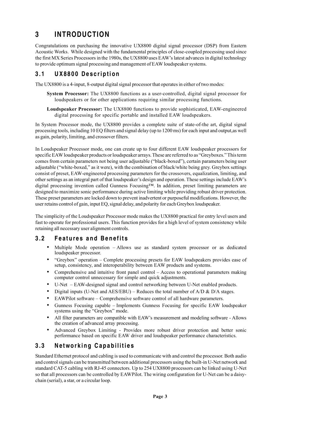 EAW owner manual Introduction, UX8800 Description, Features and Benefits, Networking Capabilities 