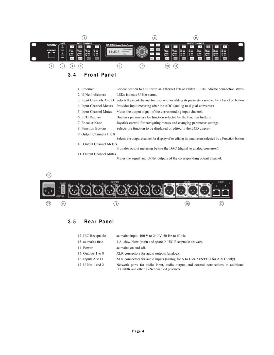 EAW UX8800 owner manual Front Panel, Rear Panel 