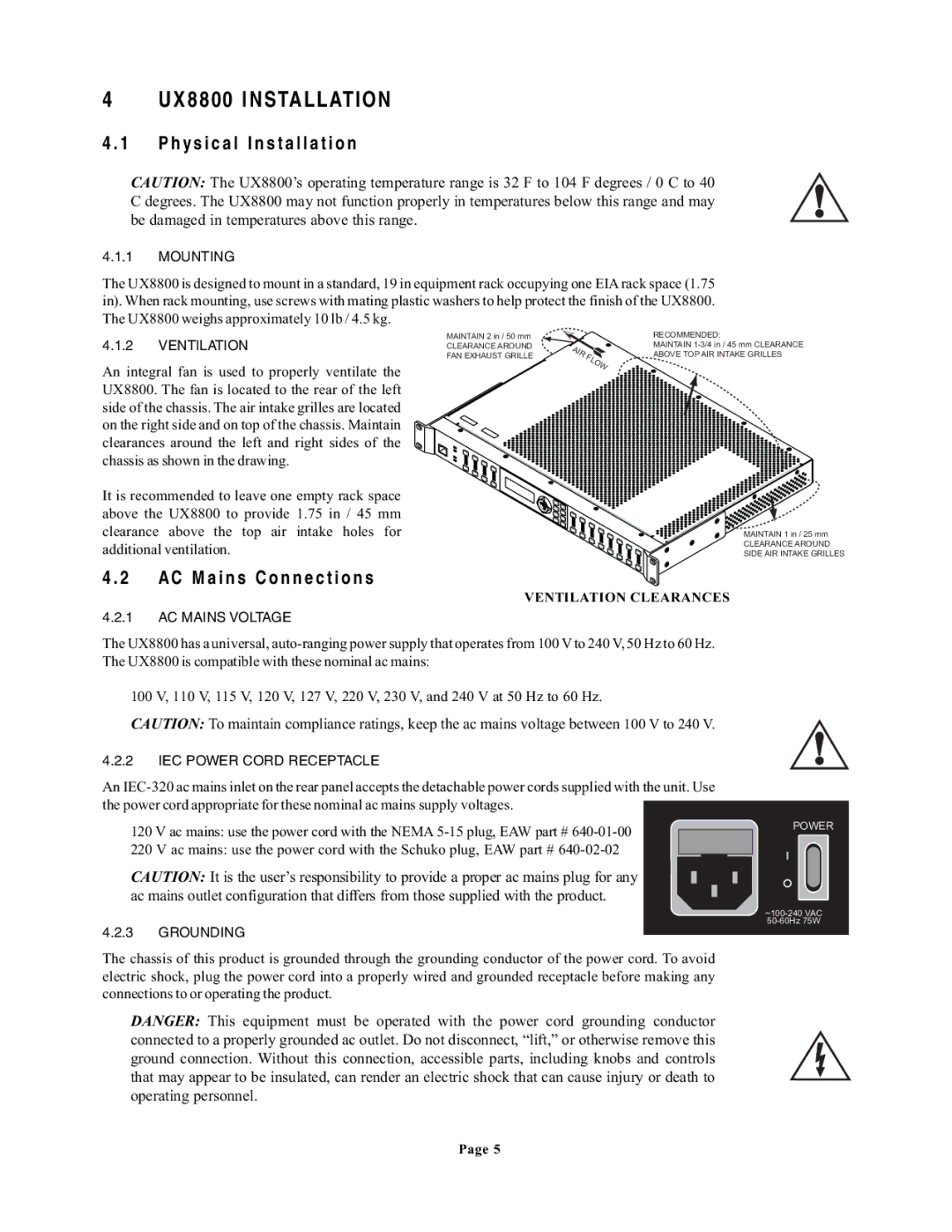 EAW owner manual UX8800 Installation, Physical Installation, AC Mains Connections 