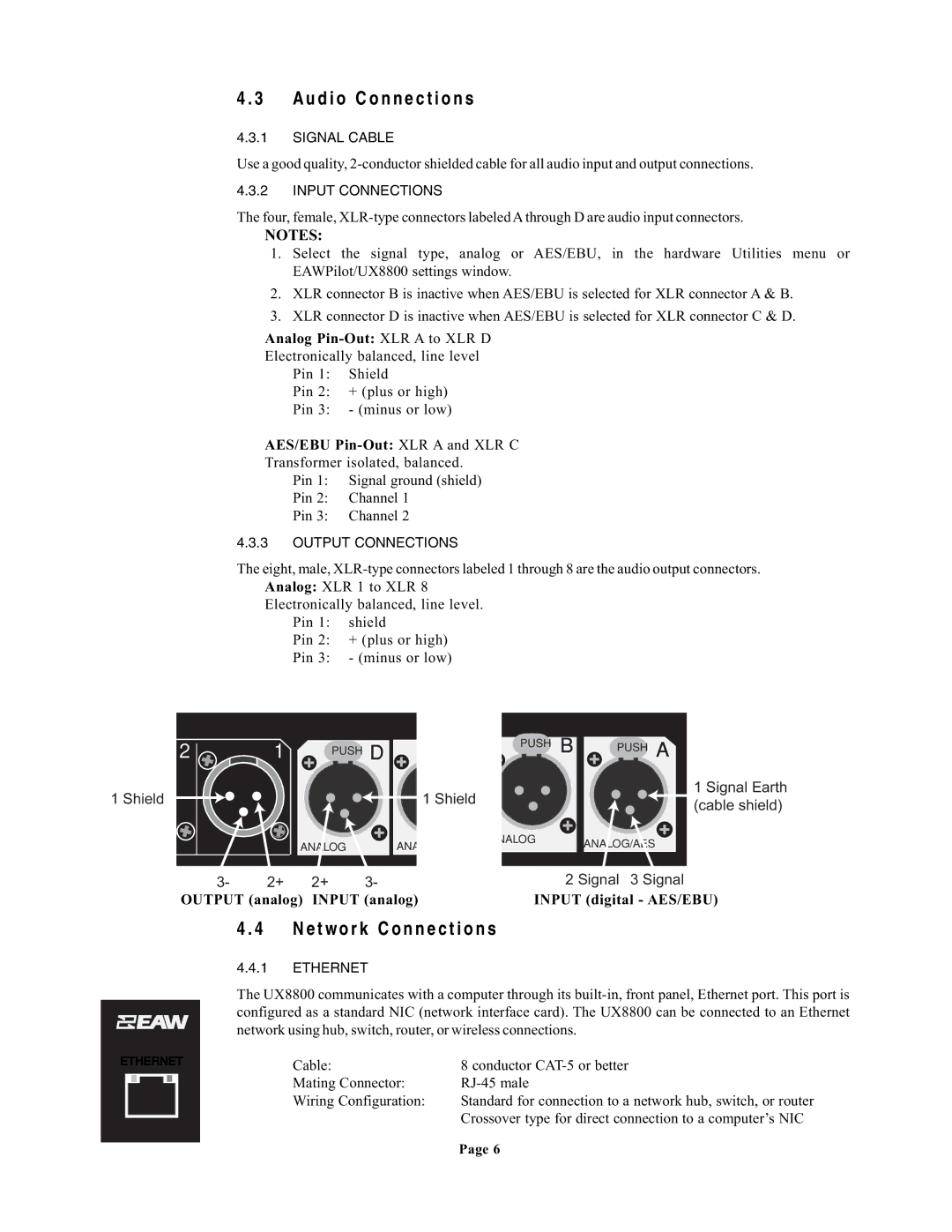 EAW UX8800 owner manual Audio Connections, Network Connections 