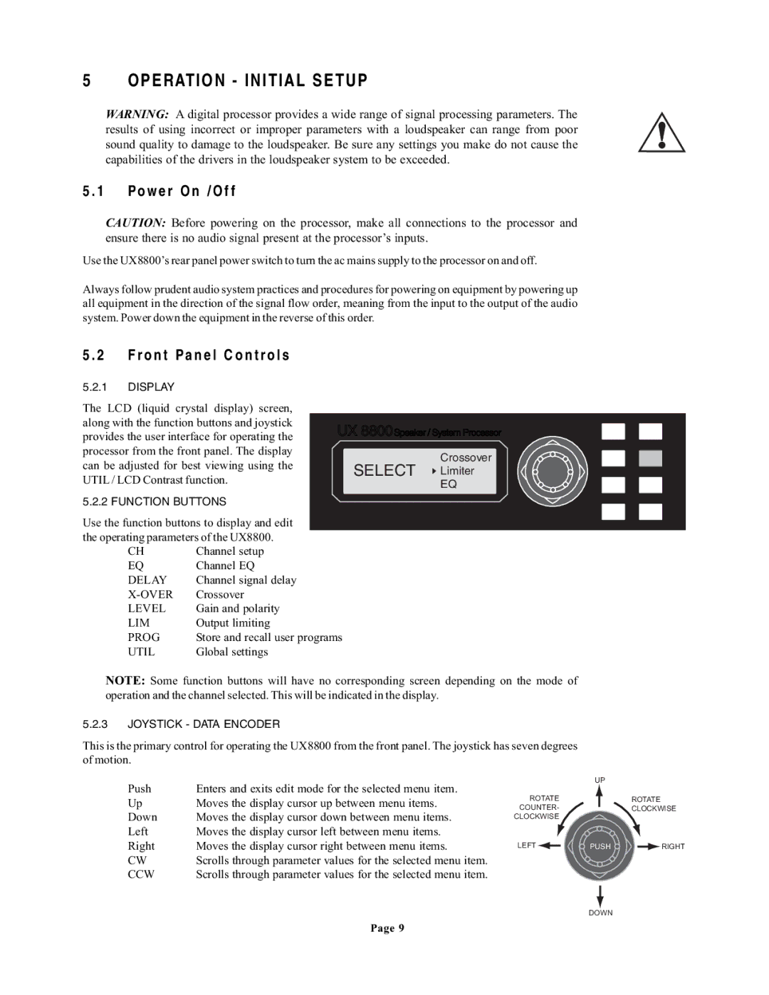 EAW UX8800 owner manual Operation Initial Setup, Power On /Off, Front Panel Controls 