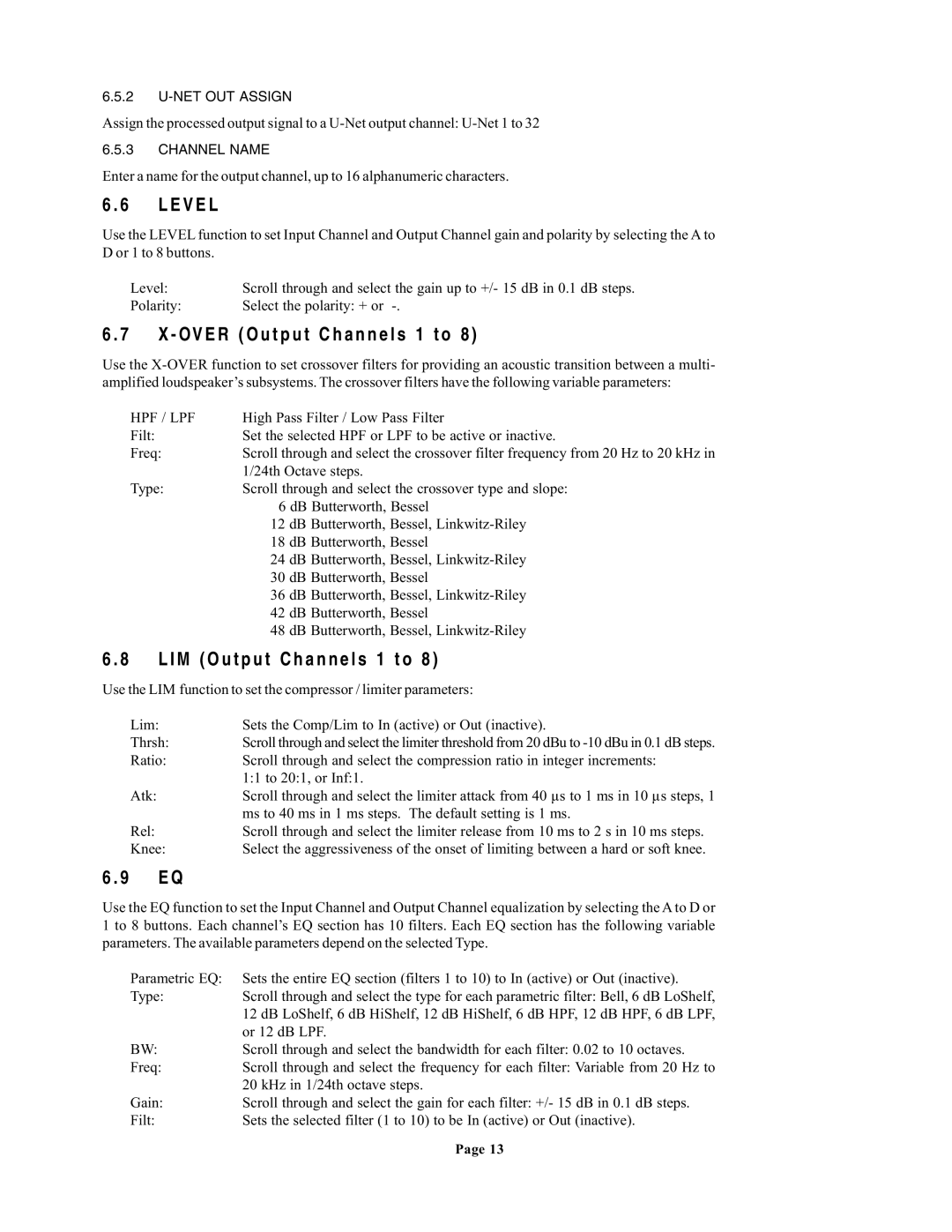 EAW UX8800 owner manual E V E L, Over Output Channels 1 to, LIM Output Channels 1 to 