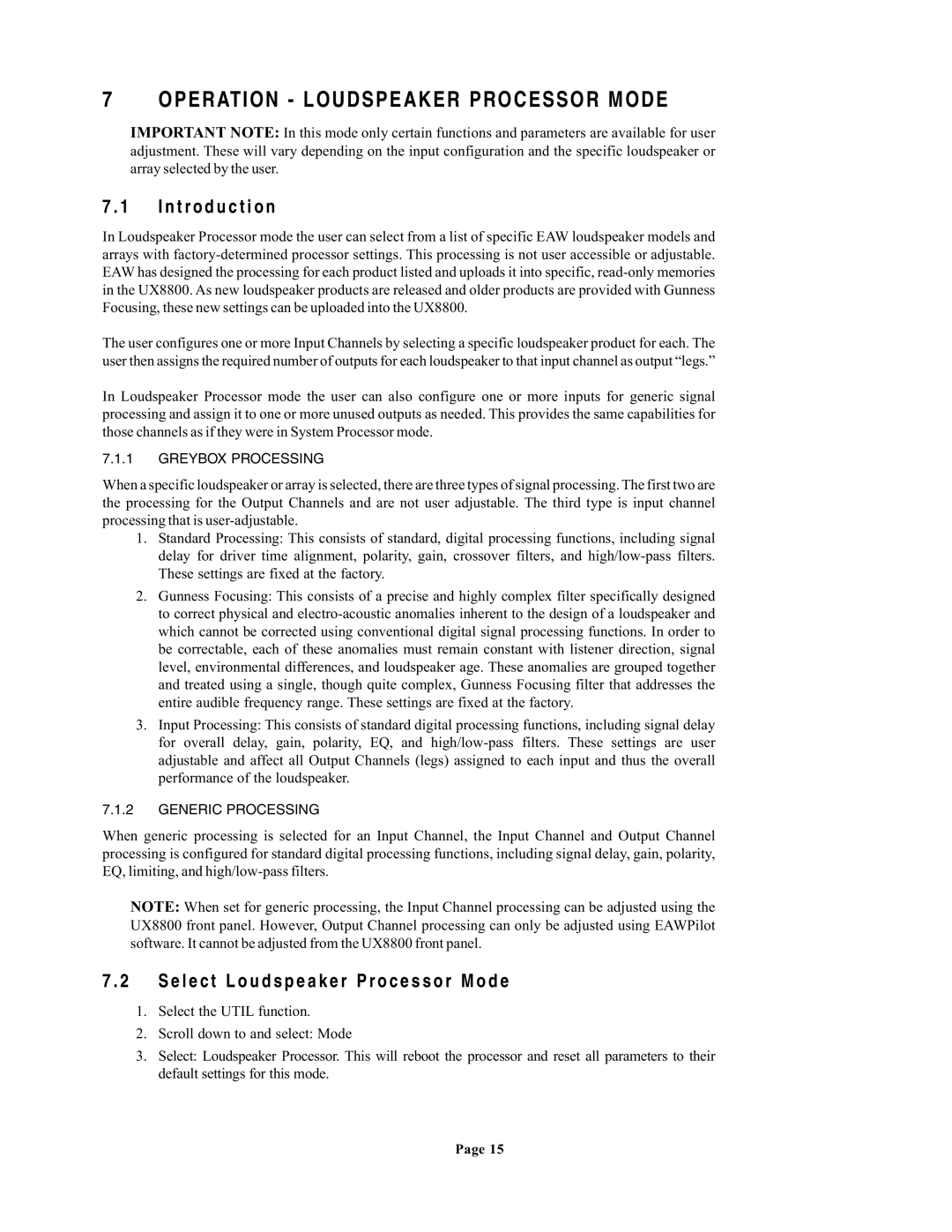 EAW UX8800 Operation Loudspeaker Processor Mode, Select Loudspeaker Processor Mode, Greybox Processing, Generic Processing 