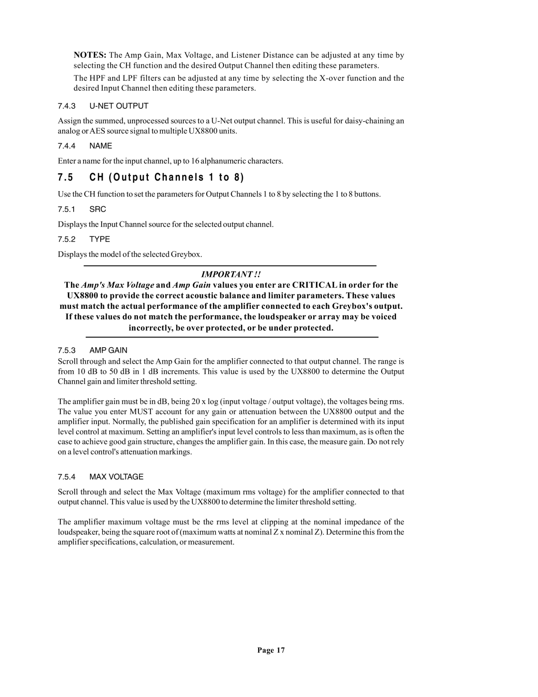 EAW UX8800 owner manual NET Output, MAX Voltage 