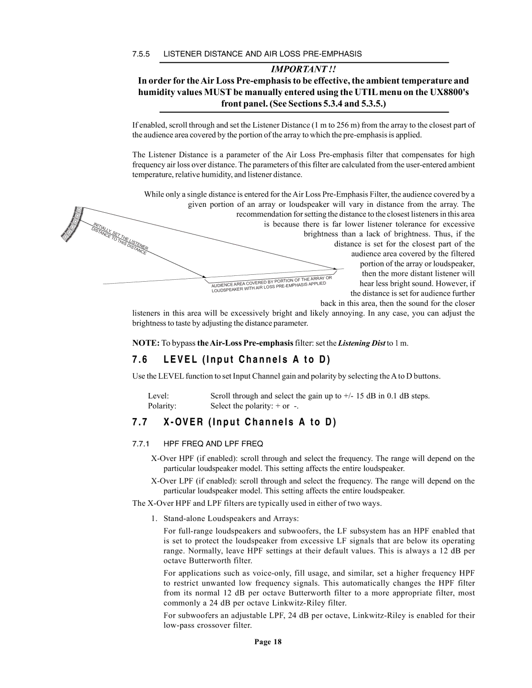 EAW UX8800 Level Input Channels a to D, Over Input Channels a to D, Listener Distance and AIR Loss PRE-EMPHASIS 