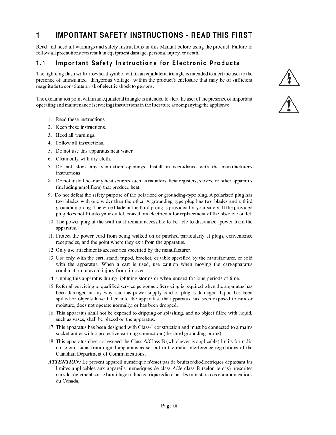 EAW UX8800 Important Safety Instructions Read this First, Impor tant Safety Instructions for Electronic Products 