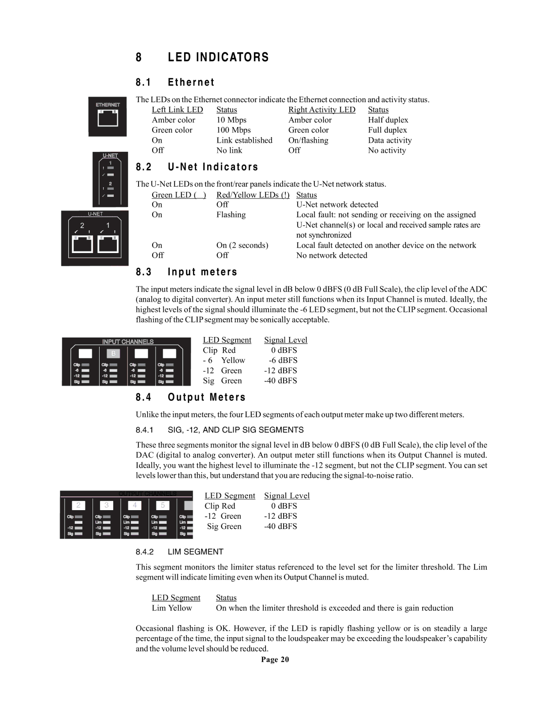 EAW UX8800 owner manual LED Indicators, Net Indicators, Input meters, Output Meters 