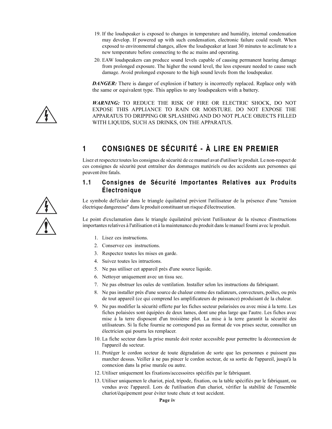 EAW UX8800 owner manual Consignes DE Sécurité À Lire EN Premier 