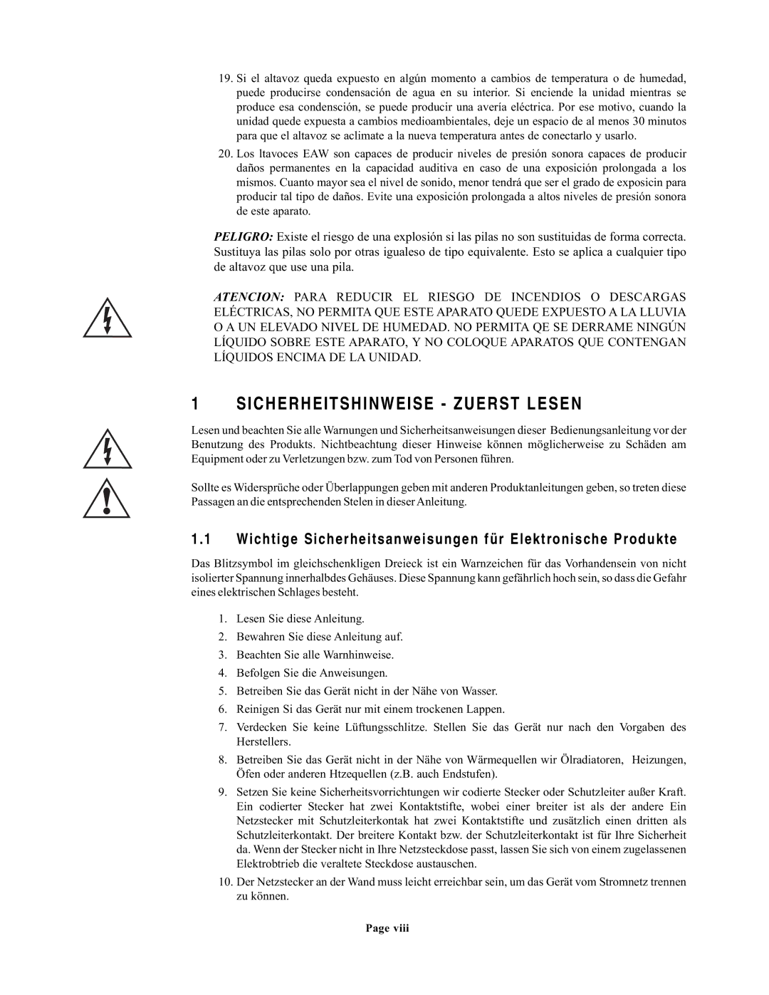 EAW UX8800 owner manual Sicherheitshinweise Zuerst Lesen, Wichtige Sicherheitsanweisungen für Elektronische Produkte 