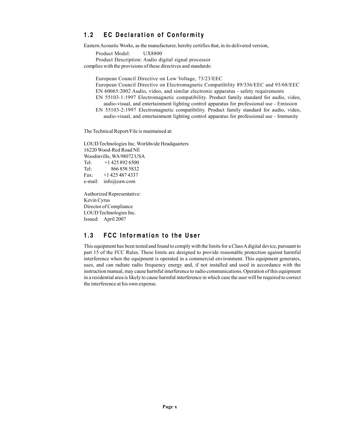 EAW UX8800 owner manual 1 . 2 EC Declaration of Conformity, 1 . 3 FCC Information to the User 