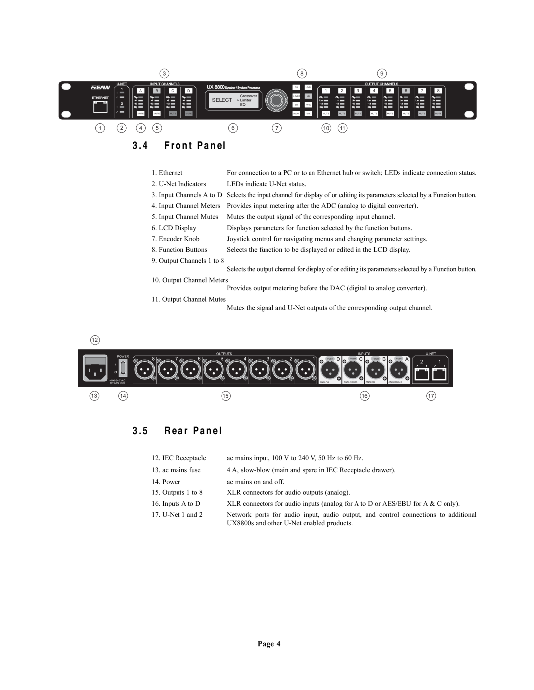 EAW UX8800 owner manual Front Panel, Rear Panel, Page 