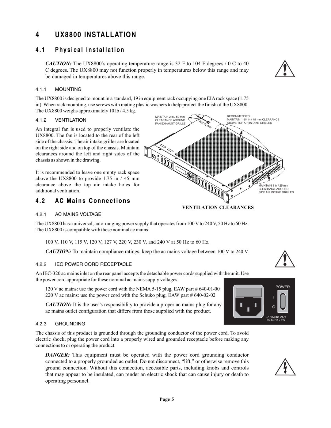 EAW owner manual 4 UX8800 INSTALLATION, 4 . 1 Physical Installation, 4 . 2 AC Mains Connections 