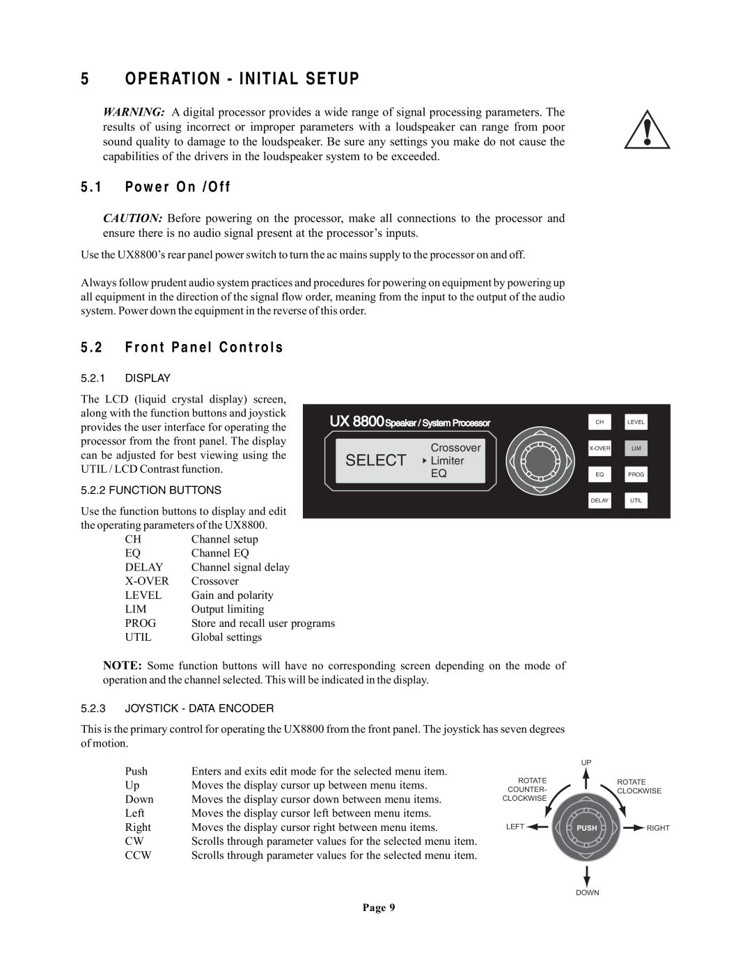 EAW UX8800 owner manual Operation - Initial Setup, 5 . 1 Power On /Off, 5 . 2 Front Panel Controls 