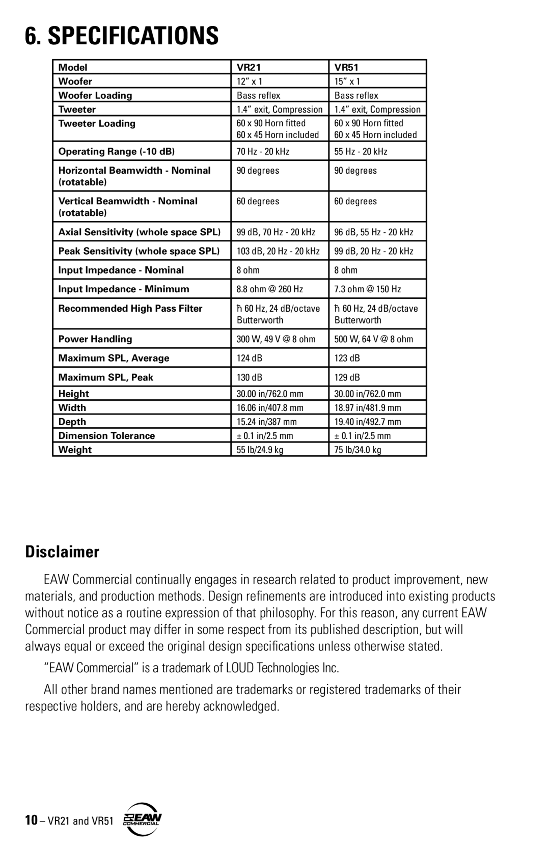 EAW VR51, VR21 instruction manual Specifications, Disclaimer 