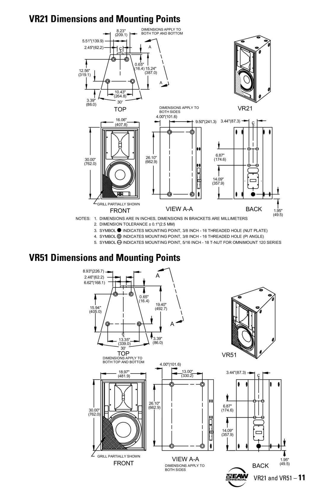 EAW instruction manual VR21 Dimensions and Mounting Points, VR51 Dimensions and Mounting Points 