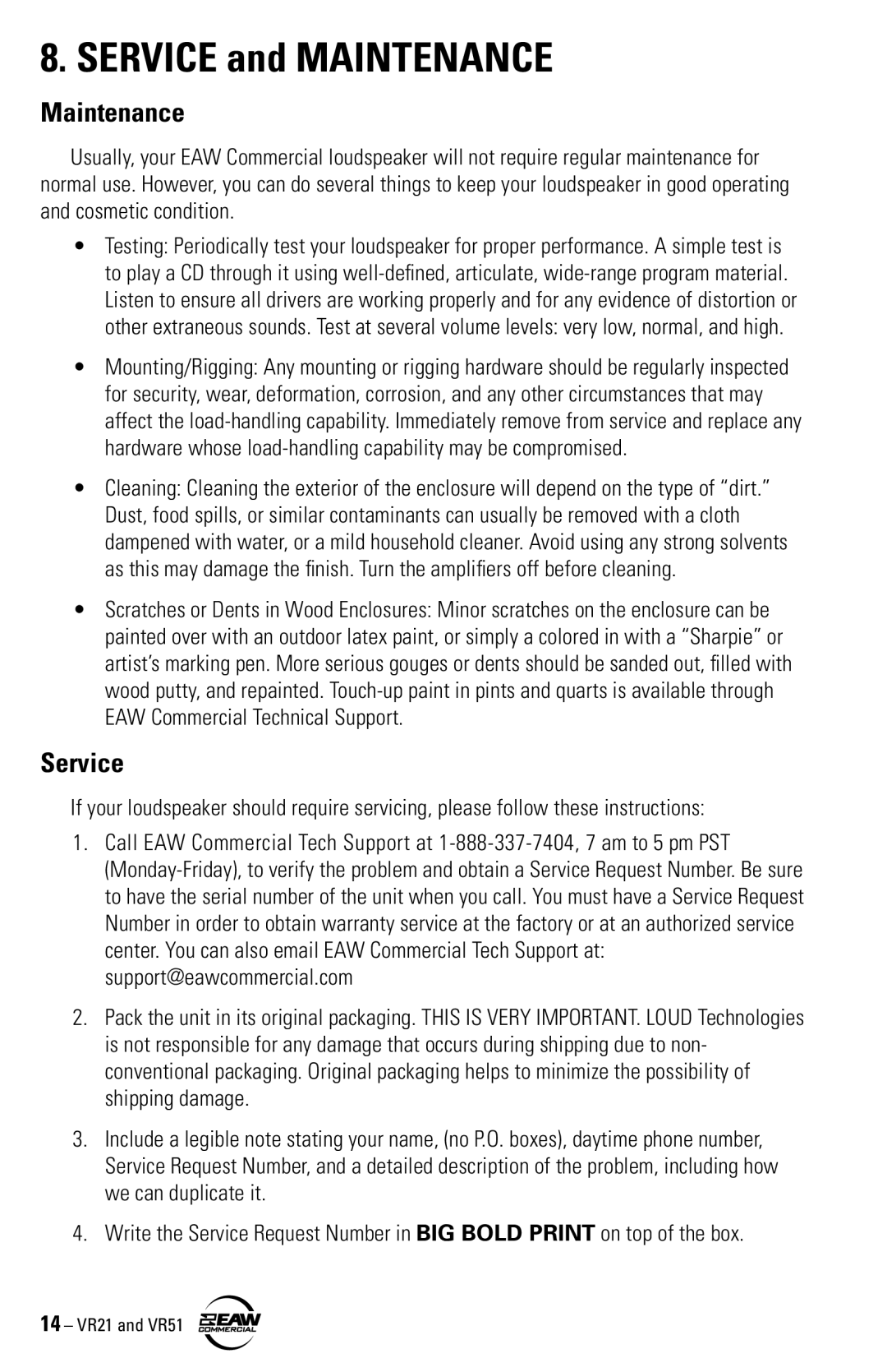 EAW VR51, VR21 instruction manual Maintenance, Service 