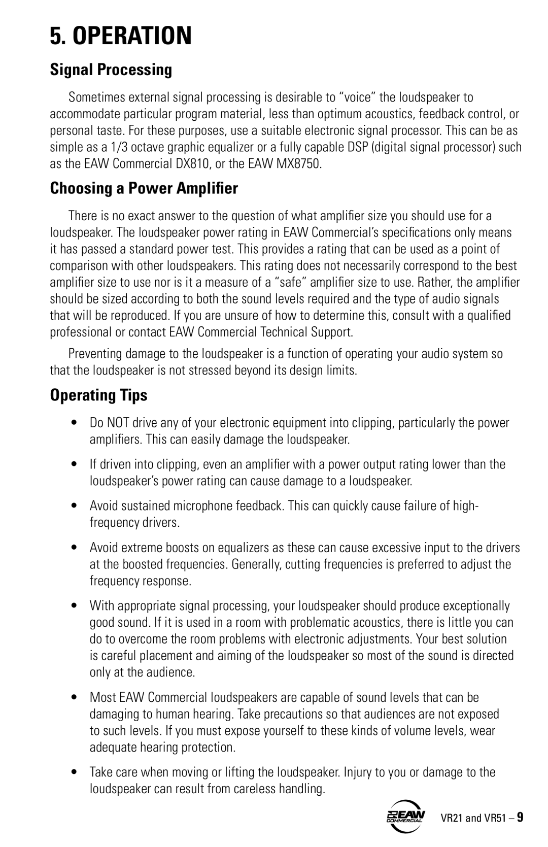 EAW VR21, VR51 instruction manual Operation, Signal Processing, Choosing a Power Amplifier, Operating Tips 