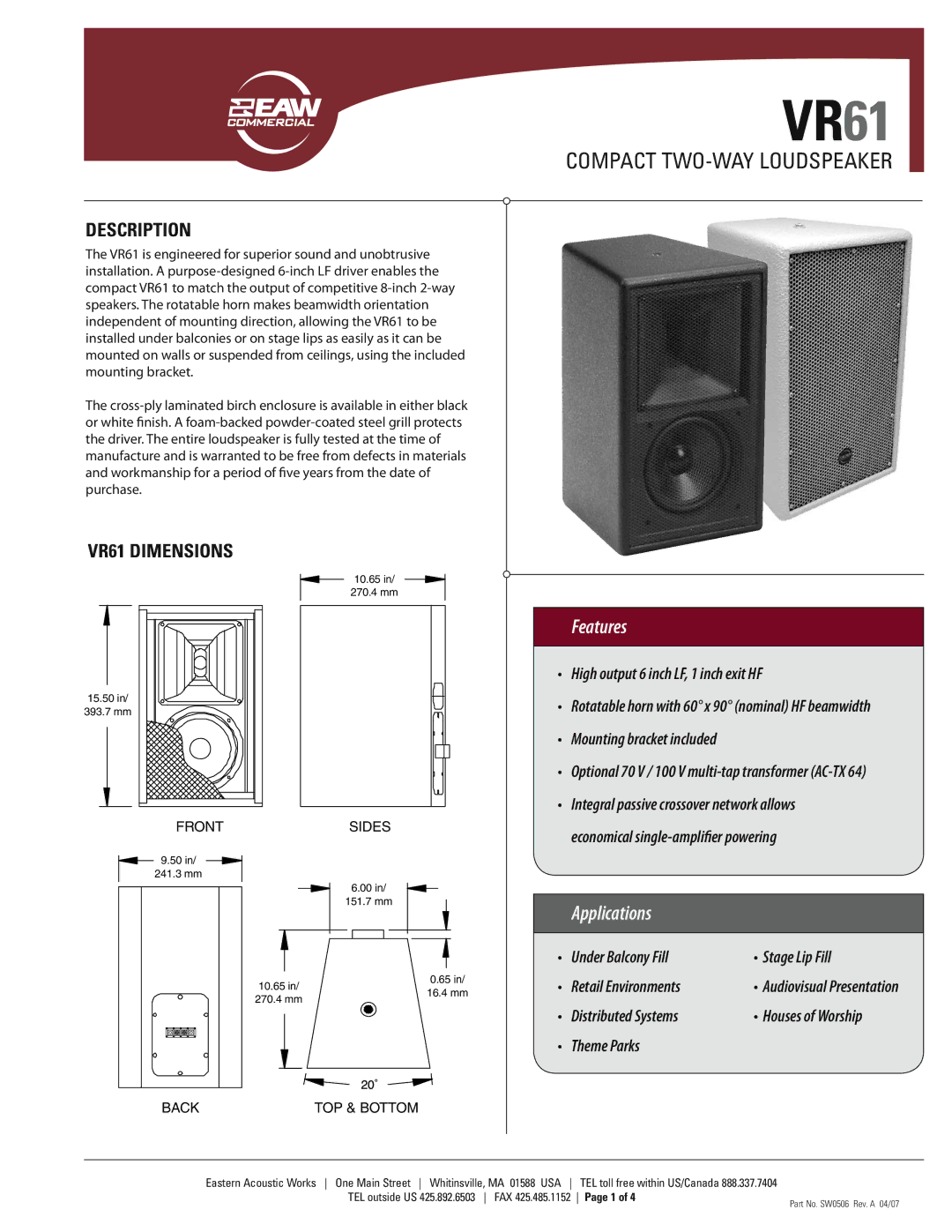 EAW dimensions Description, VR61 Dimensions 