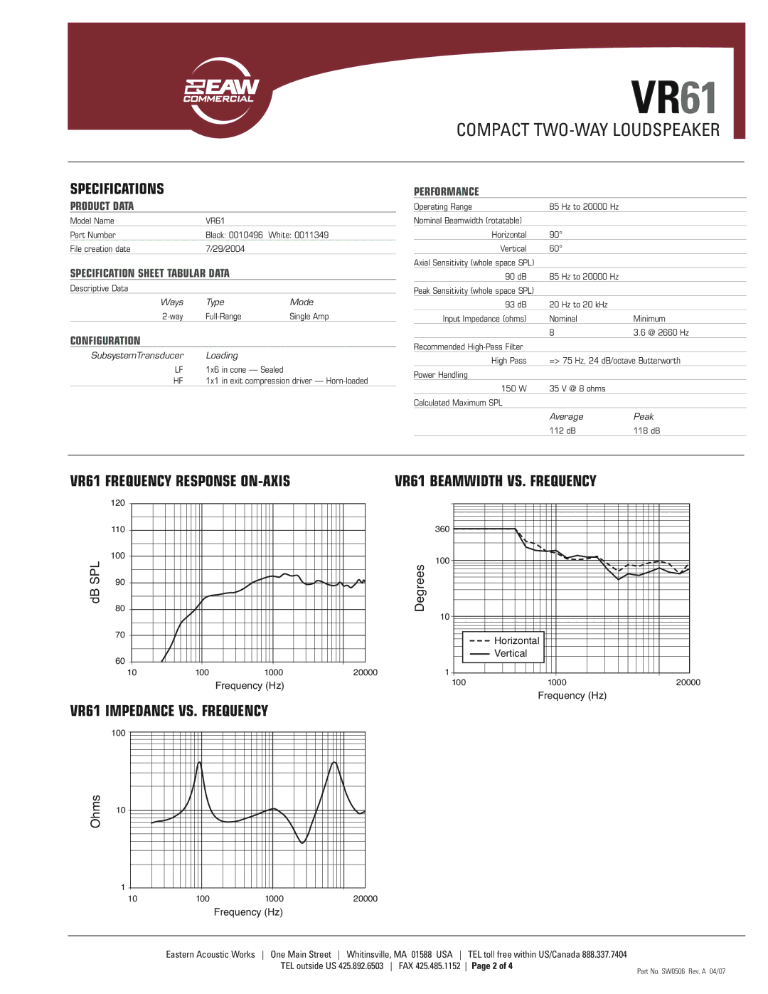 EAW dimensions Specifications, VR61 Impedance VS. Frequency, VR61 Beamwidth VS. Frequency 