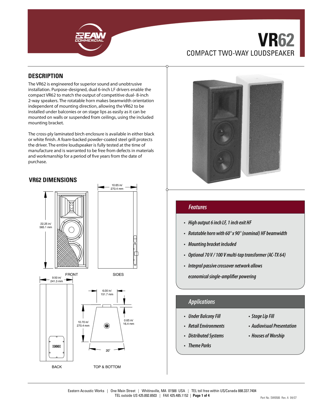 EAW dimensions Description, VR62 Dimensions 