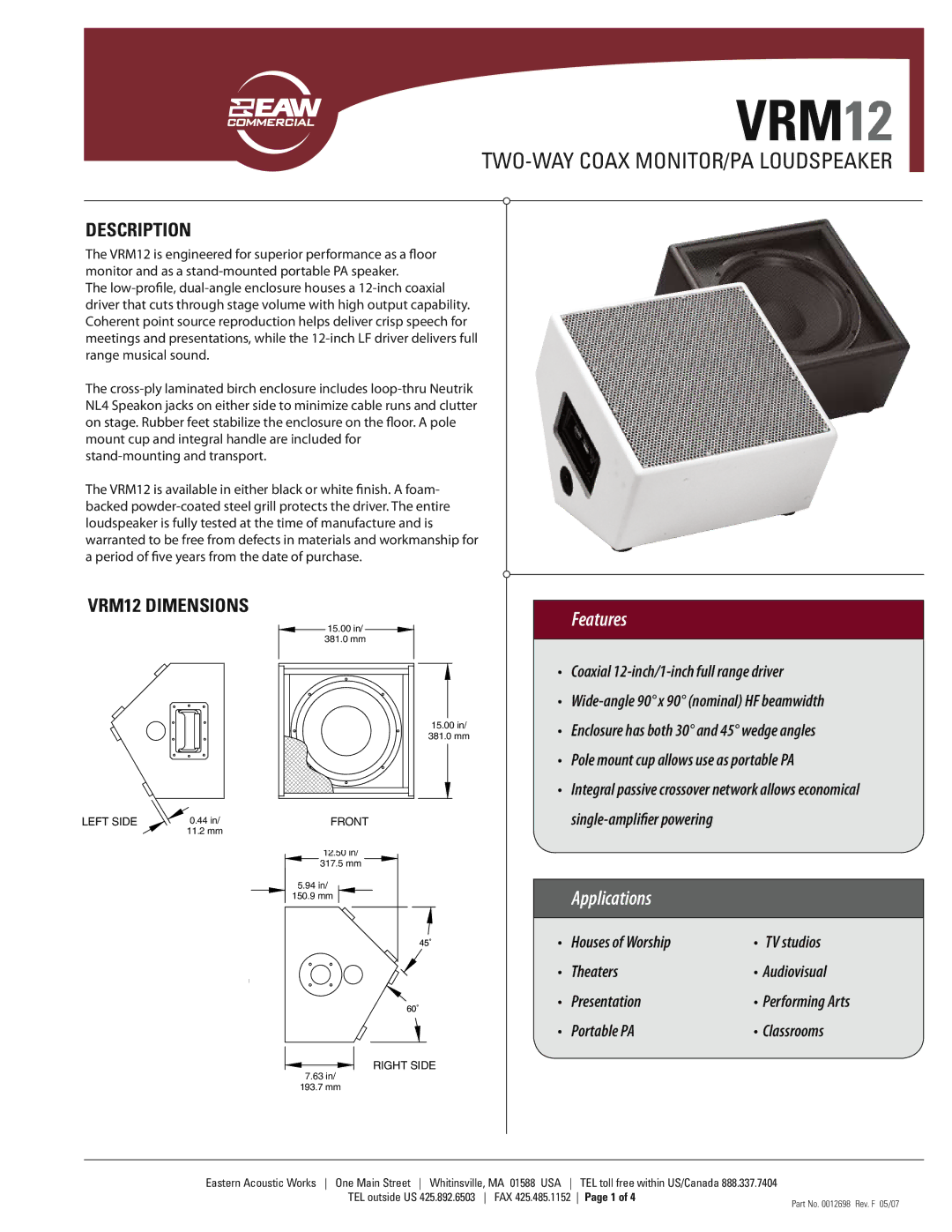 EAW dimensions Description, VRM12 Dimensions 