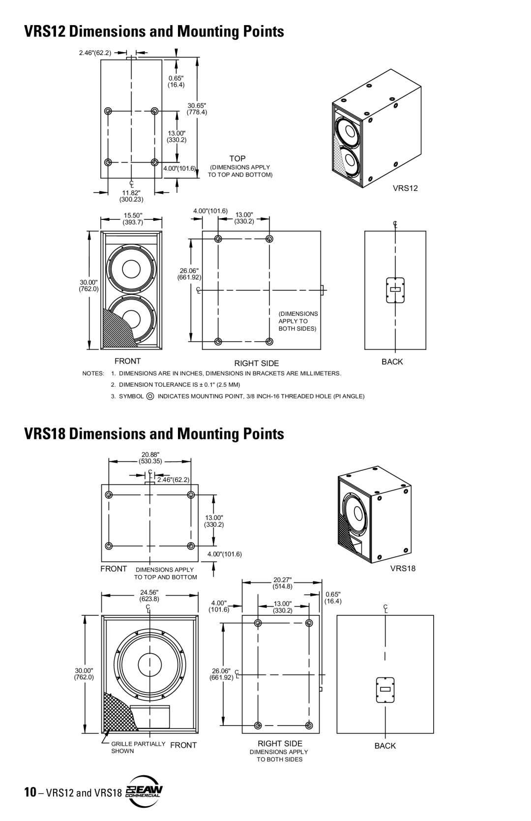 EAW VRS12 VRS18 instruction manual VRS12 Dimensions and Mounting Points, VRS18 Dimensions and Mounting Points 