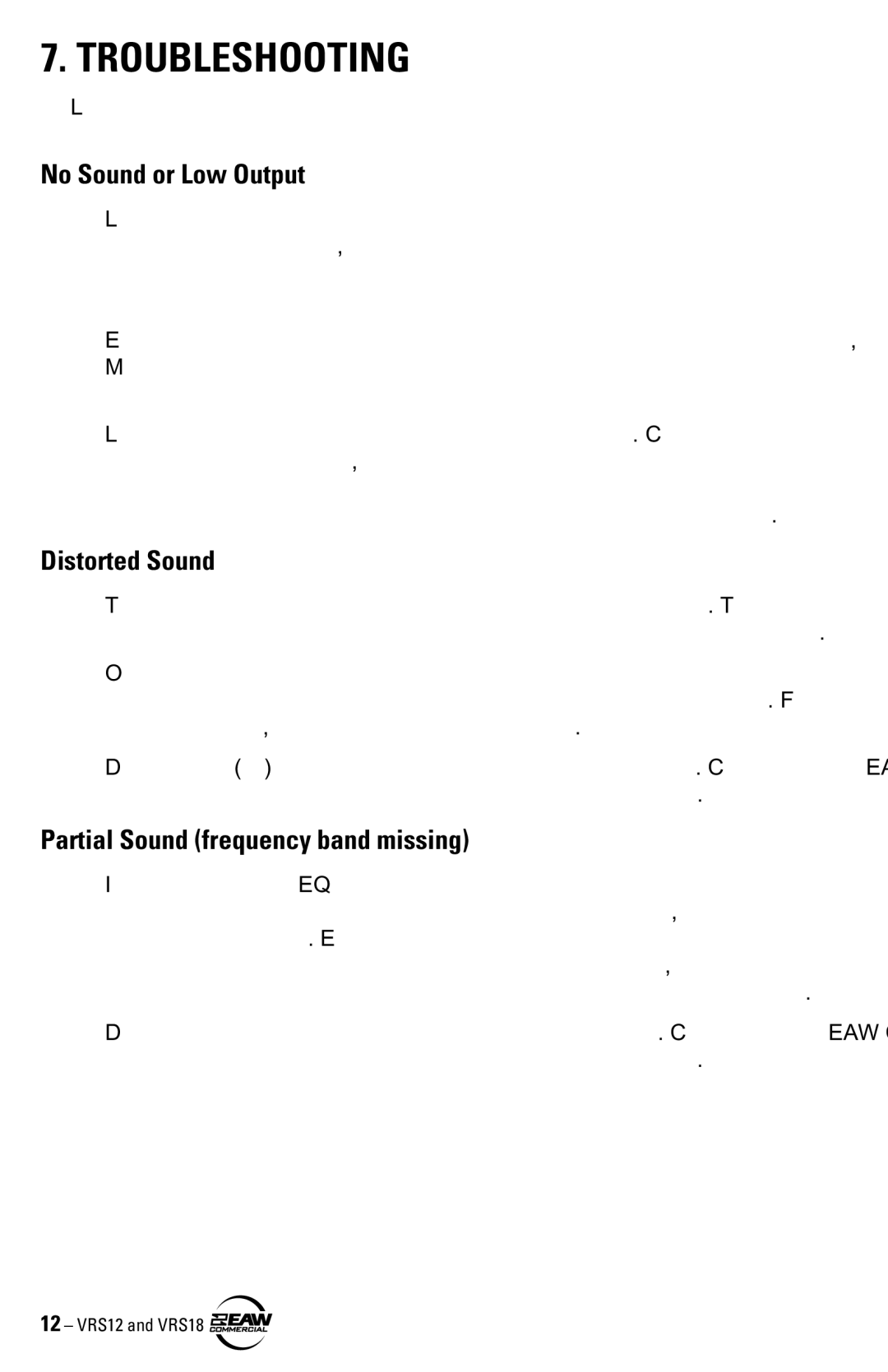 EAW VRS12 VRS18 Troubleshooting, No Sound or Low Output, Distorted Sound, Partial Sound frequency band missing 