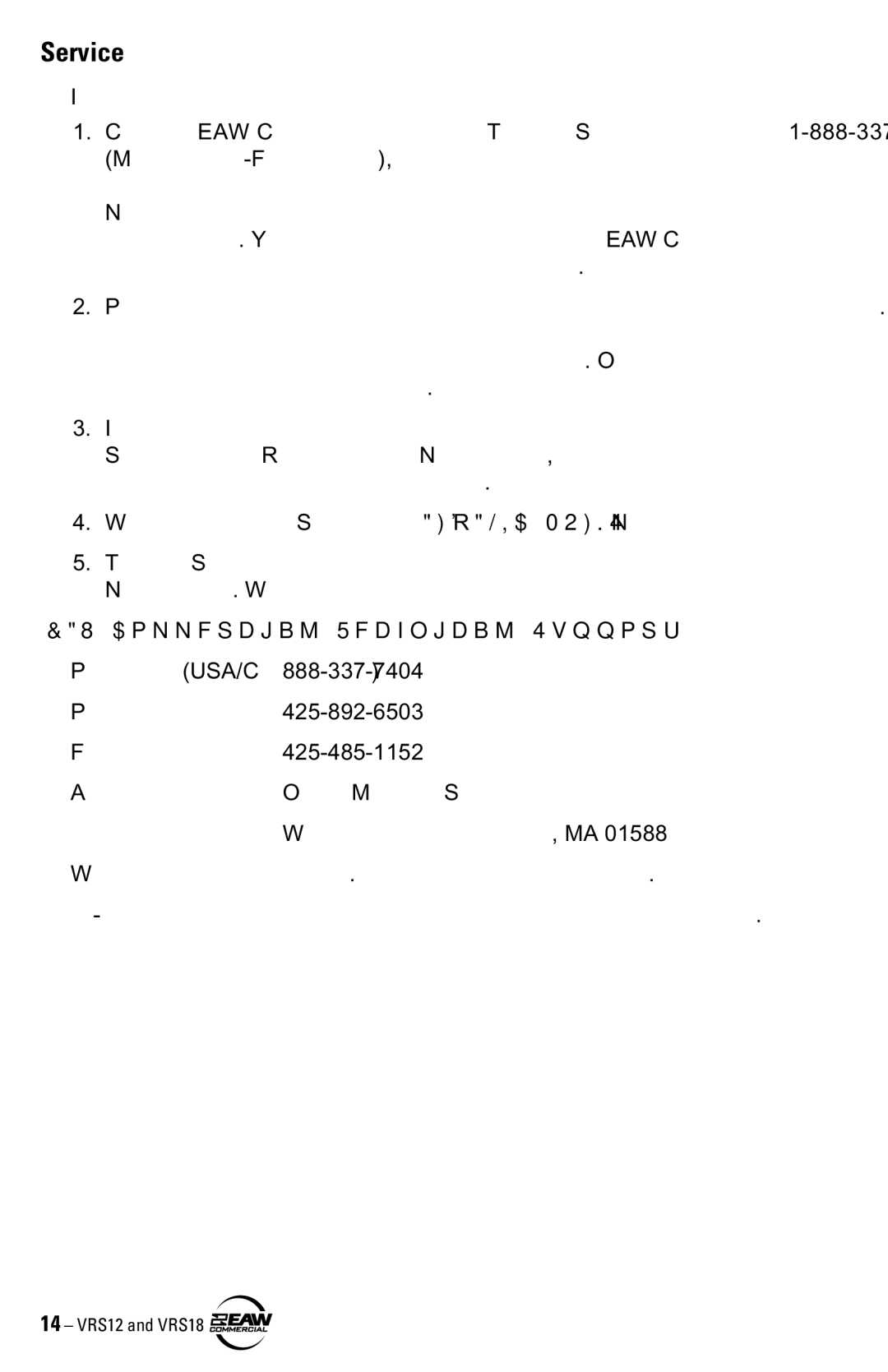 EAW VRS12 VRS18 instruction manual Service, EAW Commercial Technical Support 