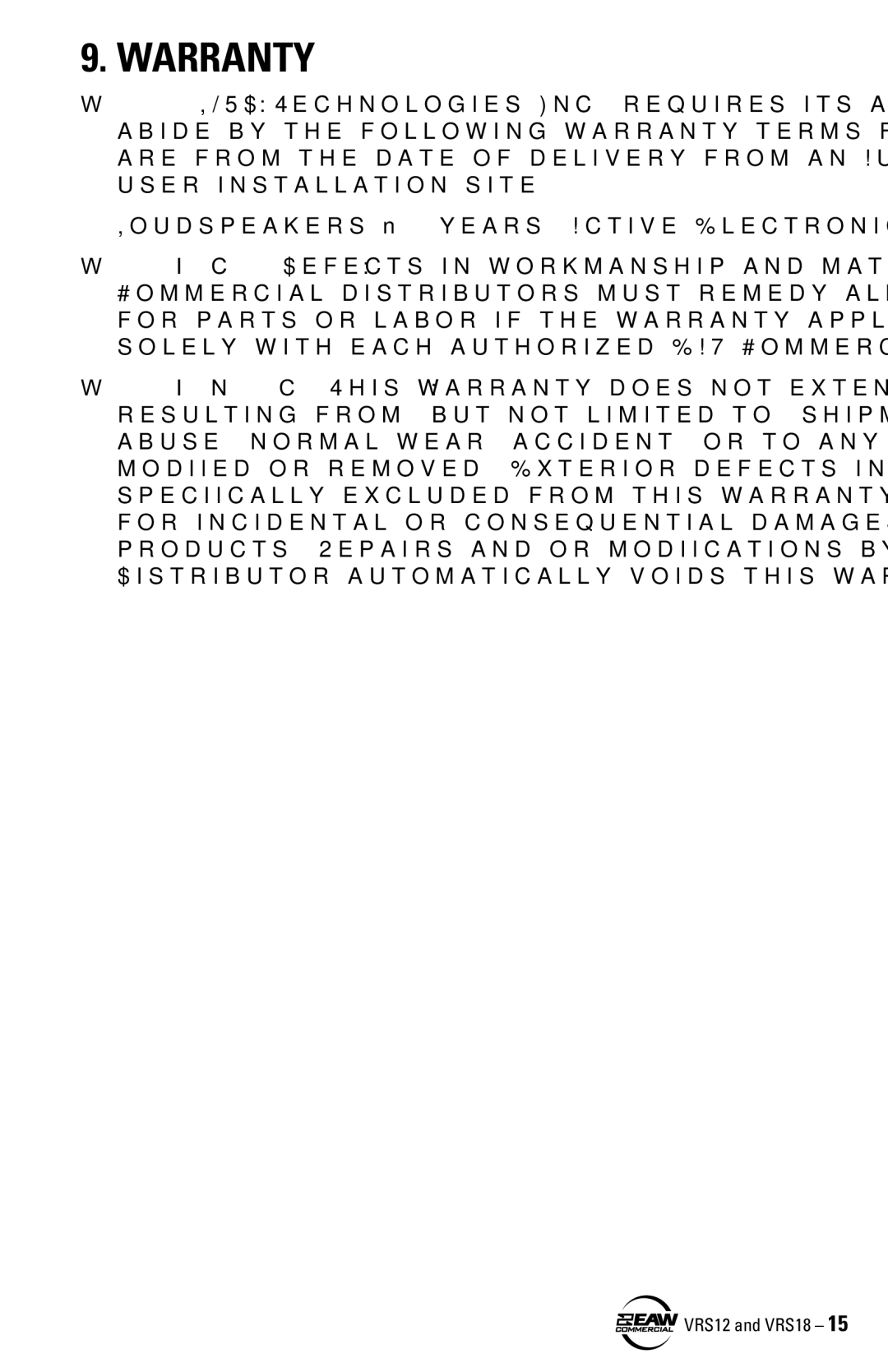 EAW VRS12 VRS18 instruction manual Warranty 