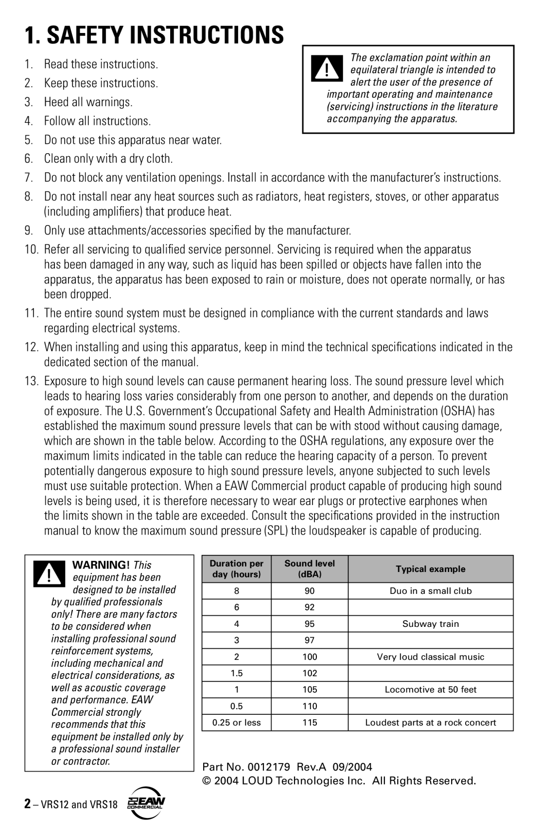 EAW VRS12 VRS18 instruction manual Safety Instructions 