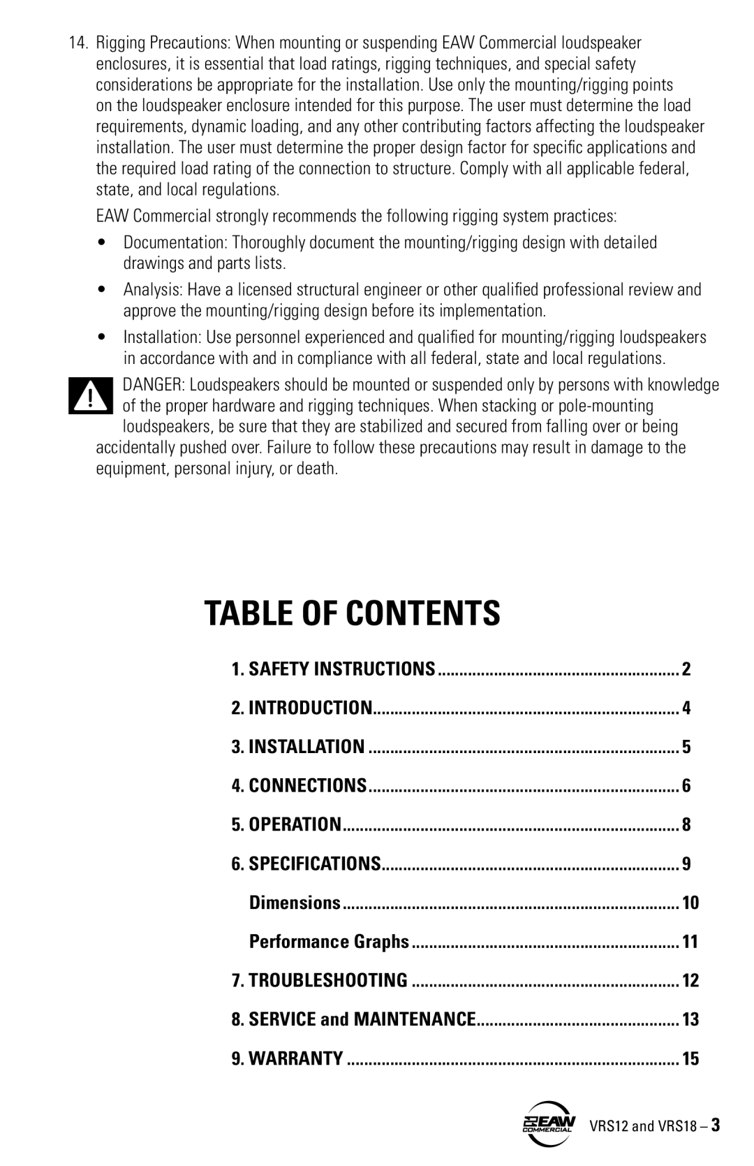 EAW VRS12 VRS18 instruction manual Table of Contents 