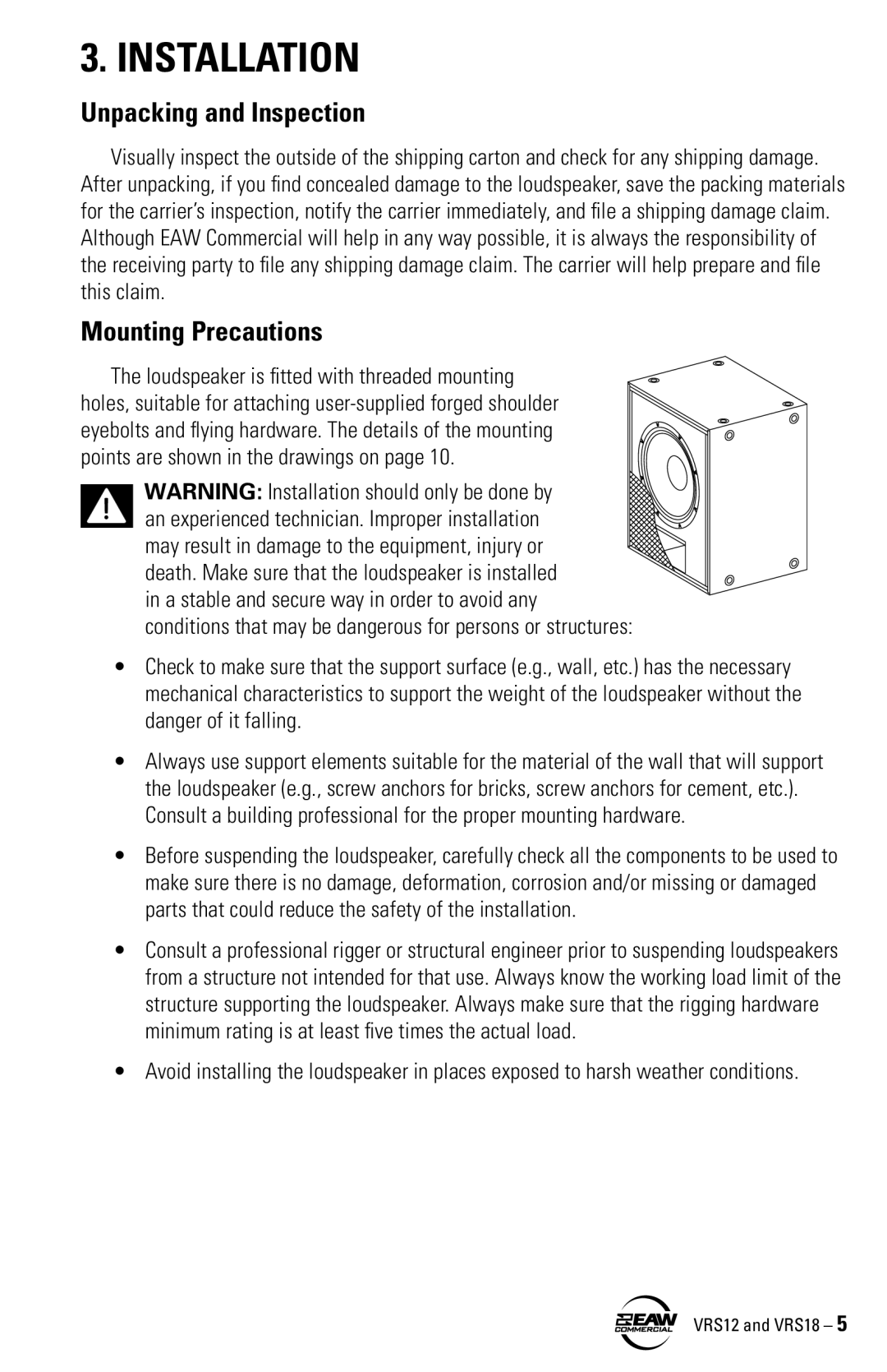 EAW VRS12 VRS18 instruction manual Installation, Unpacking and Inspection, Mounting Precautions 