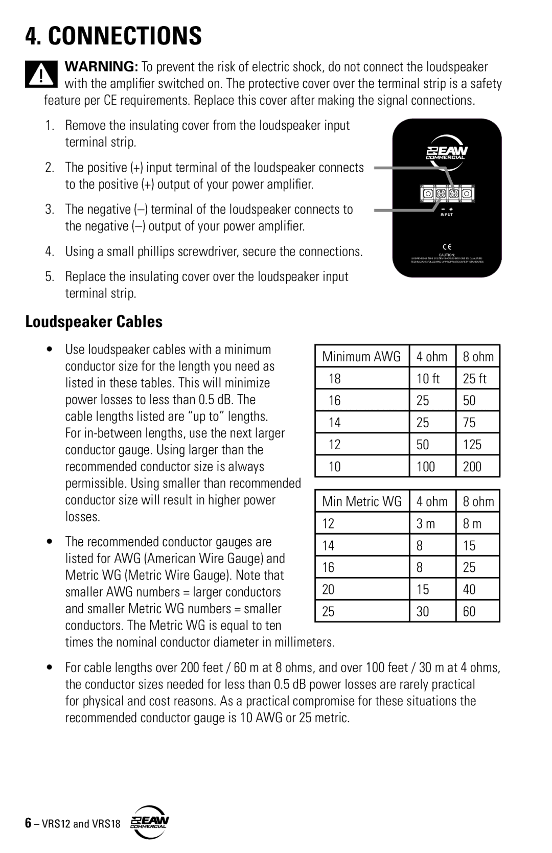 EAW VRS12 VRS18 instruction manual Connections, Loudspeaker Cables 