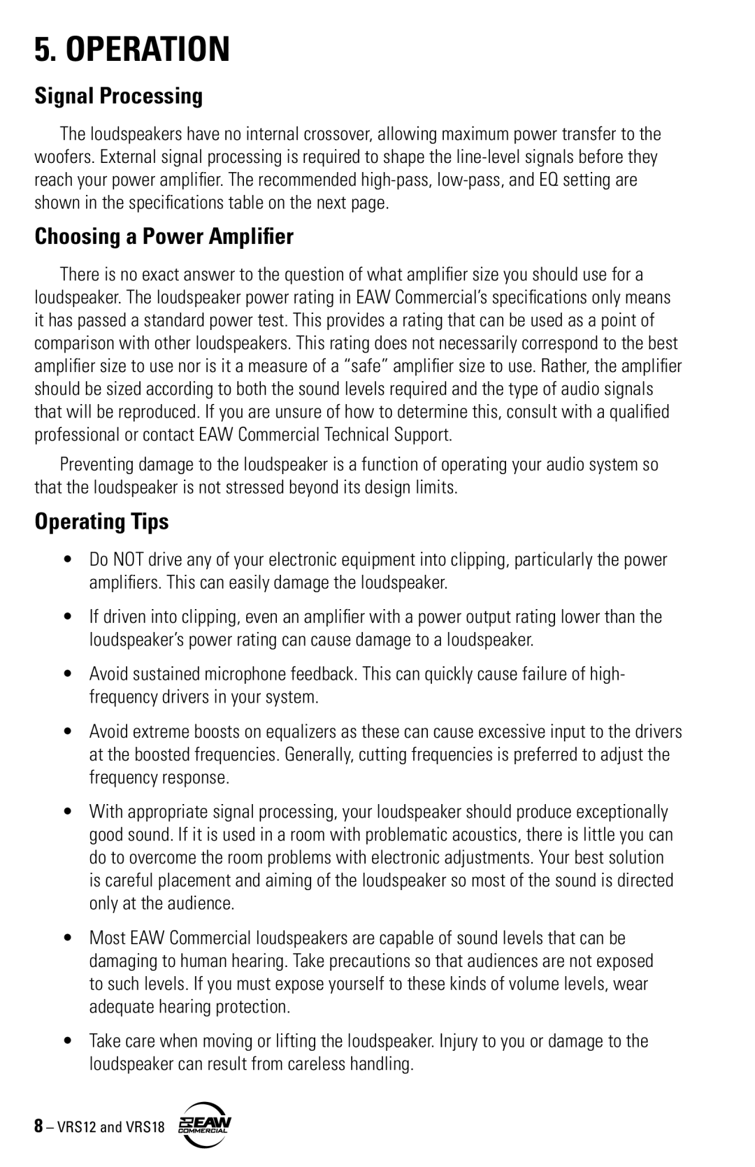 EAW VRS12 VRS18 instruction manual Operation, Signal Processing, Choosing a Power Amplifier, Operating Tips 