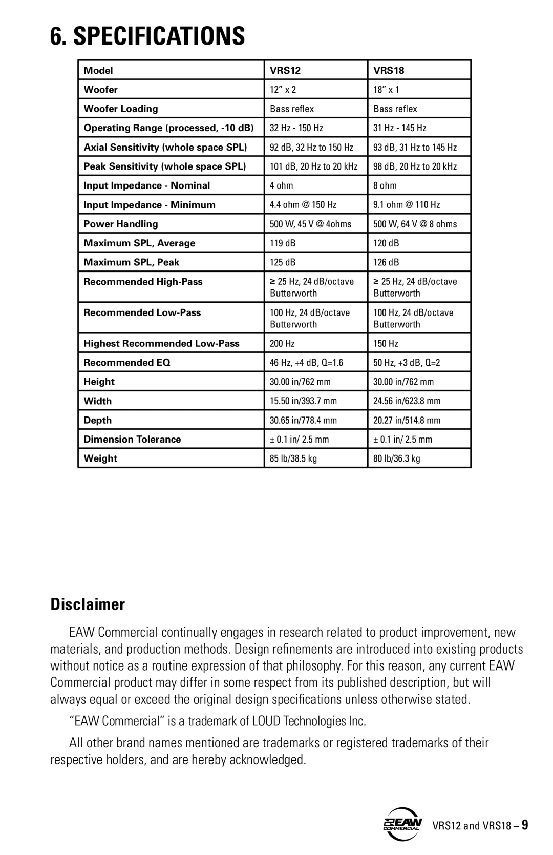 EAW VRS12 VRS18 instruction manual Specifications, Disclaimer 