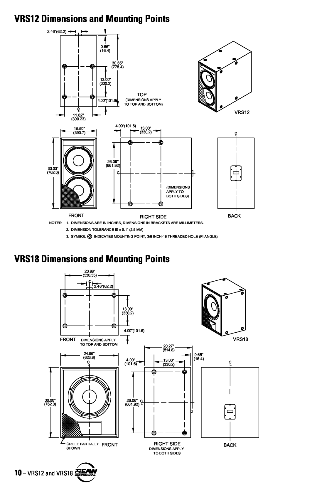 EAW VRS12 VRS18 VRS12 Dimensions and Mounting Points, VRS18 Dimensions and Mounting Points, Front, Right Side, Back 