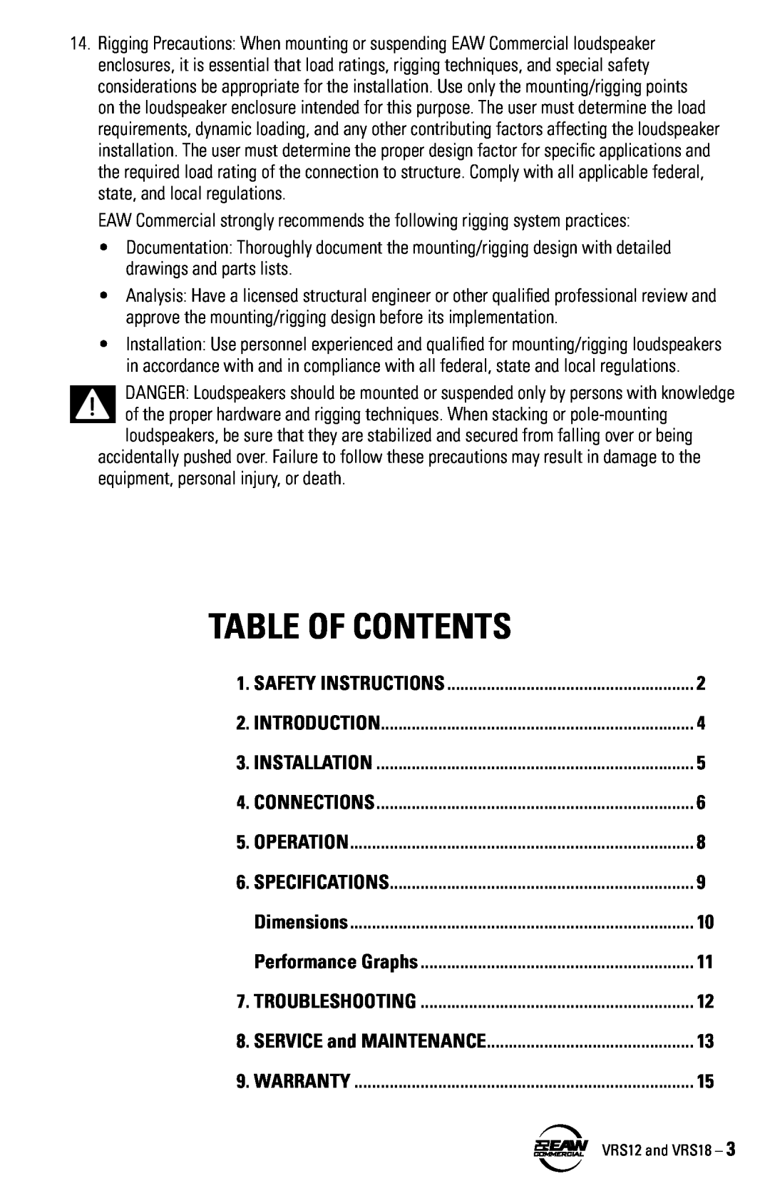 EAW VRS12 VRS18 instruction manual Table Of Contents 